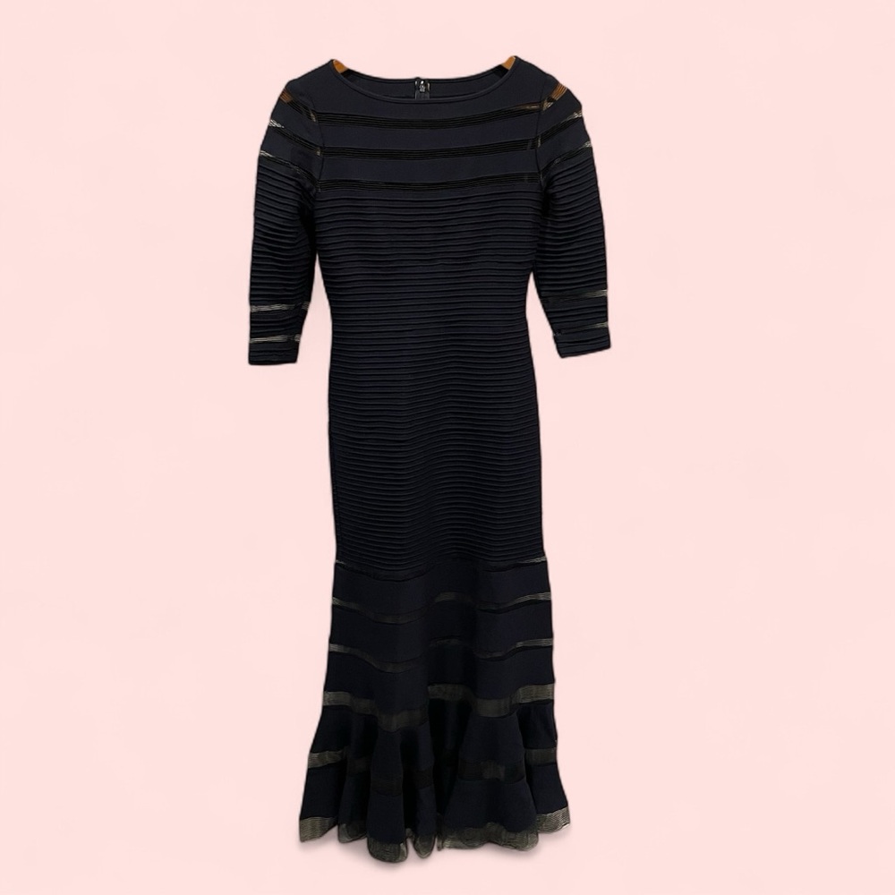 Stunning Tadashi Shoji maxi dress navy with black mesh inserts mermaid magic